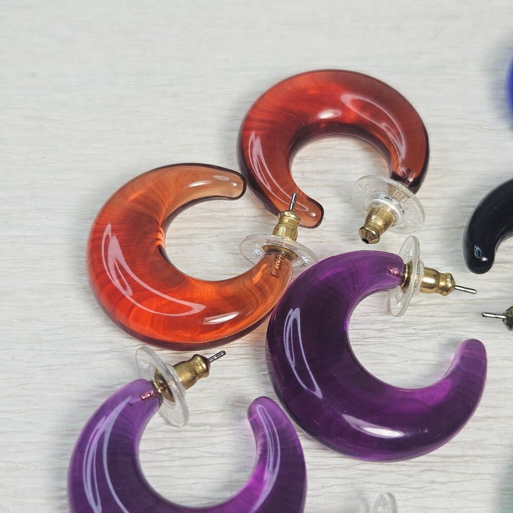 Joan Rivers 4 Pr Clear Puffy Hoop Earrings Green Black Purple Brown - Picture 10 of 12